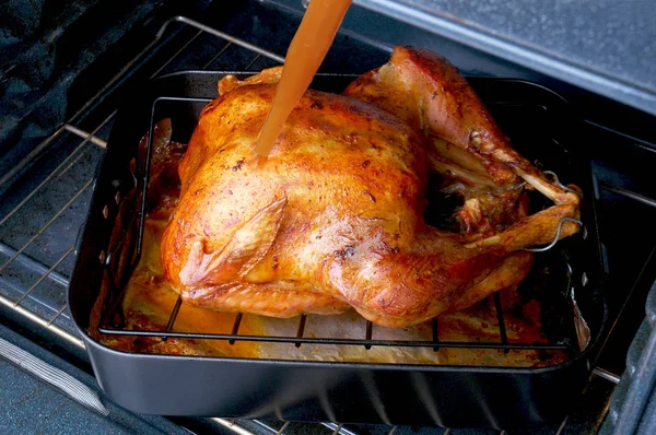 Basting een Thanksgiving Turkey in een braadpan in een oven. — Stockfoto