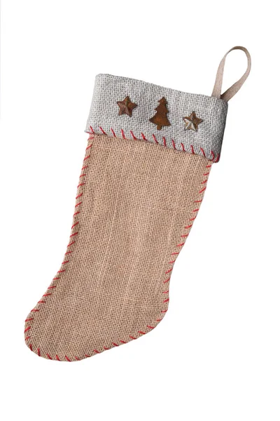 Domácí staromódní burlap vánoční punčocha izolované na wht — Stock fotografie