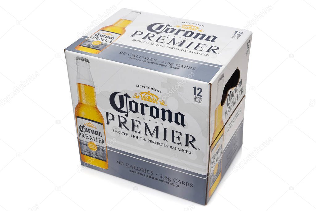IRVINE, CALIFORNIA - 10 MAR 2020: A 12 pack of Corona Premier bottles, Corona Premier is premium light beer with 2.6 grams of carbs and 90 calories.