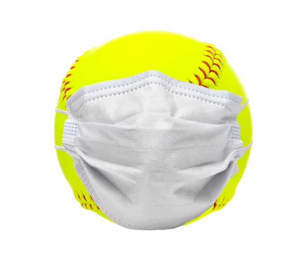 Sports Covid Concept Inglês Softball Amarelo Com Uma Máscara Cirúrgica — Fotografia de Stock