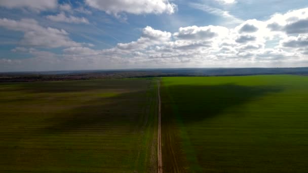 Εναέρια τοπίο πράσινο πεδίο με συννεφιασμένο ουρανό, με σύννεφα — Αρχείο Βίντεο