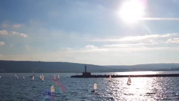Luftaufnahme von Segelbooten, die an der Regatta auf See teilnehmen — Stockvideo
