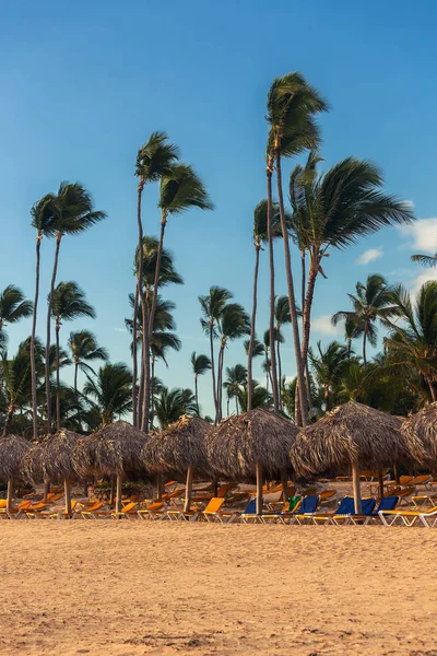 Salida del sol, sillas de playa en la playa tropical de carribean —  Fotos de Stock