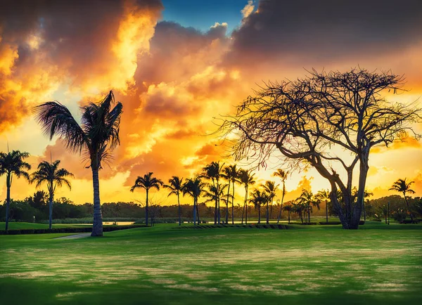 Campo de golfe tropical ao pôr do sol na República Dominicana, Punta Cana — Fotografia de Stock
