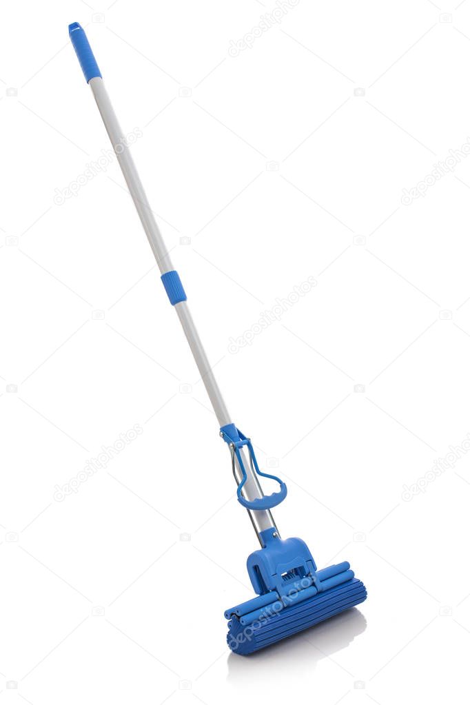 Cleaning floor with mop isolated on white