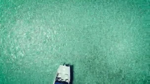 Widok z lotu ptaka katamaran, łodzią motorową lub jacht żaglowy na Morzu Karaibskim, w pobliżu wyspy tropikalne — Wideo stockowe