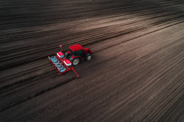 Aerial view of red tractor seeding field. Farmer preparing land with seedbed cultivator. — Stock Photo, Image