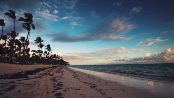 Ladscape 的天堂的热带岛屿海滩蓬塔卡纳，多米尼加共和国。运行在日出的人. — 图库视频影像