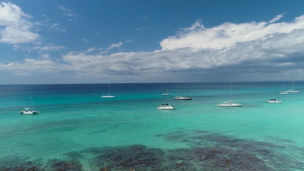 Katamaraner, snabbgående båtar och yachter i Karibiska havet nära tropisk ö — Stockvideo