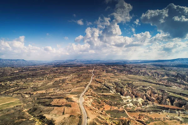 Aerial view over scenic terrain of the valley in Cappadocia Turk — Stock Photo, Image