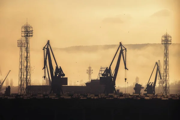 Panoramiczny widok na port morski i Suwnice przemysłowe — Zdjęcie stockowe