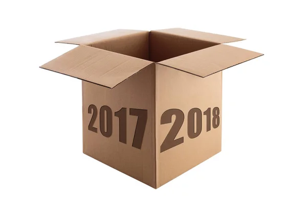 Mutlu yeni yıl 2018 kavramı üzerinde açık karton kutu harfler, — Stok fotoğraf