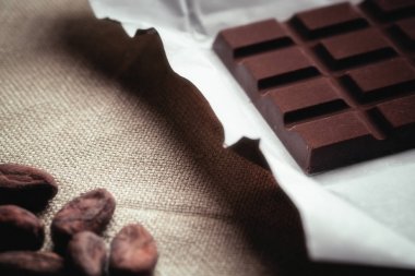 Koyu çikolata ve ham kakao çekirdeği. Arka plan doku eski ju