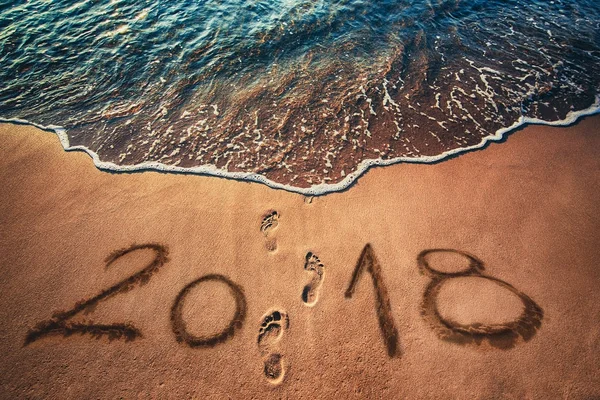 Feliz Ano Novo 2018 conceito na praia do mar ao nascer do sol — Fotografia de Stock