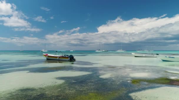 カタマラン カリブの海の水でボート プンタ カナのビーチ ドミニカ共和国 — ストック動画