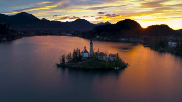 Luchtfoto Drone Uitzicht Lake Bled Met Marys Church Van Veronderstelling — Stockvideo