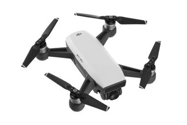Varna, Bulgaristan - 14 Şubat 2018: Uçan uçak quadcopter ile DJI indeks işlem kıvılcım izole.