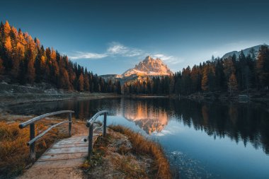 Morning view of Lago Antorno, Dolomites, Lake mountain landscape. Italy clipart