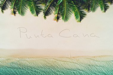 Yaz tatil tropikal adada. Palmiye ağaçları ve dalgalar deniz. Punta Cana beach.