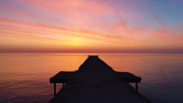 Aerial View Beautiful Sunrise Sea Old Broken Bridge — Stock Video