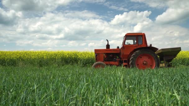 Tractor Working Agricultural Fields Dramatic Clouds — Stock Video
