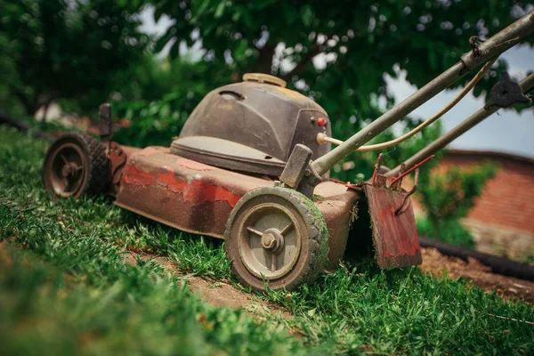 Rasenmäher Mäht Grünes Gras Hinterhof Hintergrund Gartenarbeit — Stockfoto