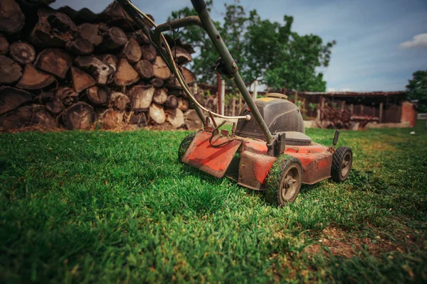 Lawn Mower Cutting Green Grass Backyard Gardening Background — Stock Photo, Image