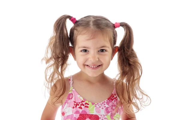Szczęśliwa piękna dziewczynka uśmiechnięta do aparatu fotograficznego, portret Zdjęcie Stockowe