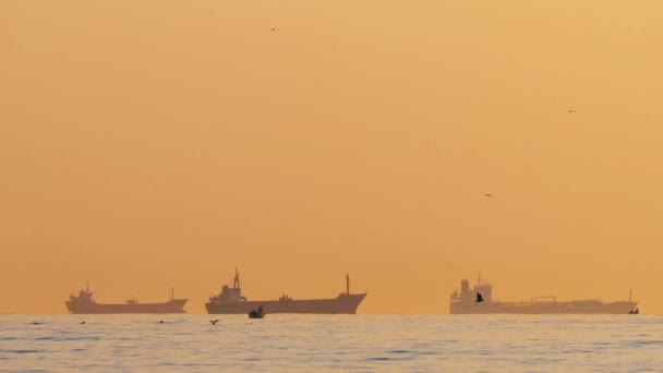 Fishing Boat Cargo Ships Sailing Sea Beautiful Morning Golden Sea — Stock Video