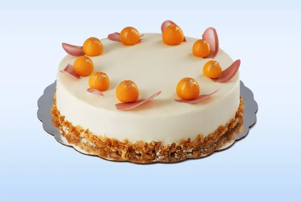 Torta al cioccolato con frutta physalis, panna, noci e mousse — Foto Stock