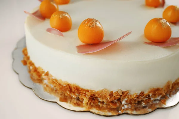 Torta al cioccolato con frutta physalis, panna, noci e mousse — Foto Stock