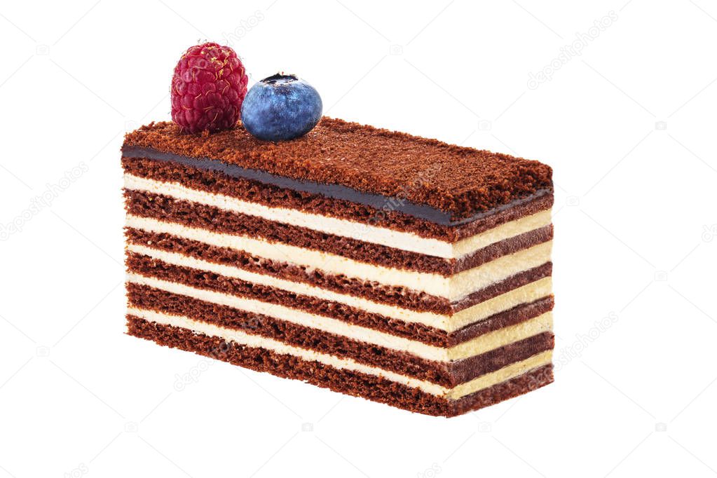 Cake piece chocolate with milk cream and fruits isolated on whit