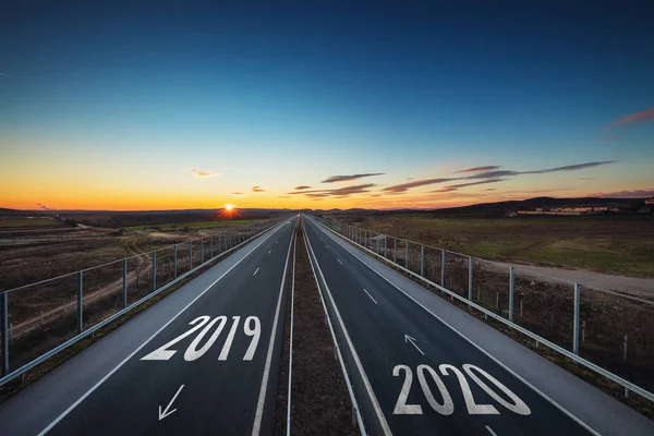 Driving on open road at beautiful sunny day to new year 2020 Aer — Stock Photo, Image