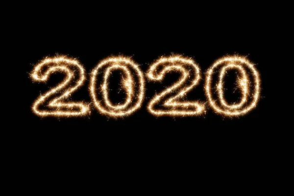 2020年，用黑色背景的闪光焰火创作，新年快乐 — 图库照片