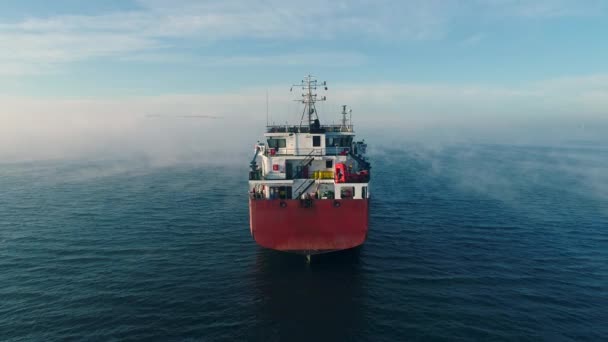 海上霧中の貨物コンテナ船帆の空中ビュー 配信コンテナの配信のために働くクレーン船 — ストック動画