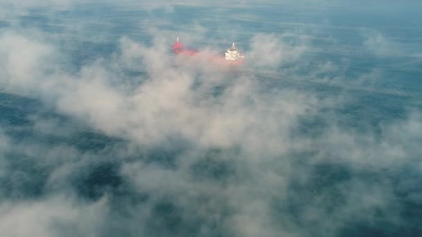 Vue Aérienne Cargo Porte Conteneurs Vogue Dans Brouillard Marin Grutier — Video