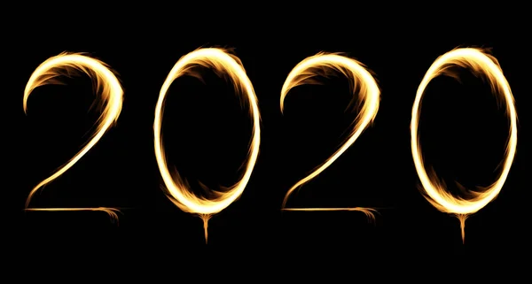 2020 Ευτυχισμένο το νέο έτος καύση κόμμα φλόγες απομονώνονται σε μαύρο — Φωτογραφία Αρχείου