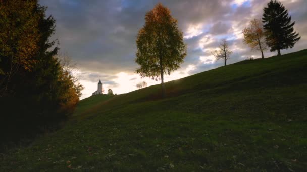 Fotógrafo Tomando Fotos Árbol Solitario Campo Atardecer Hermoso Paisaje Esloveno — Vídeos de Stock