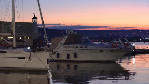 Sunset Sea Port Yacht Lighthouse View City Lights — Stock Video