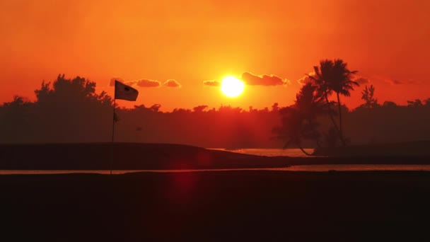 Golf Pálya Trópusi Szigeten Gyönyörű Naplemente Pálmafákkal Sziluettek Videó — Stock videók