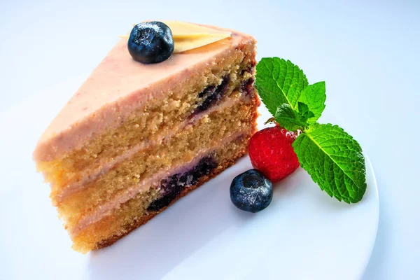 Cake chocolade met yoghurt crème en bosbessen vruchten geïsoleerd — Stockfoto