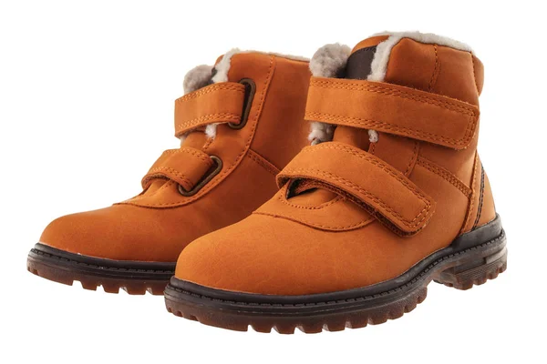 Wasserdichte Kinder Winterschuhe isoliert auf weißem Hintergrund. gelbe Stiefel — Stockfoto