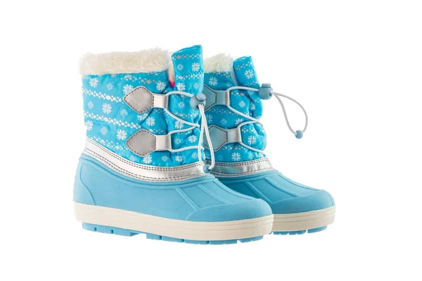 Winter Schnee blaue Stiefel auf weißem Hintergrund — Stockfoto