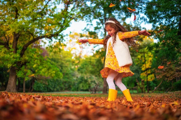 Sonbahar parkı ve devrilmiş ağaç izinleriyle oynayan mutlu küçük kız. — Stok fotoğraf