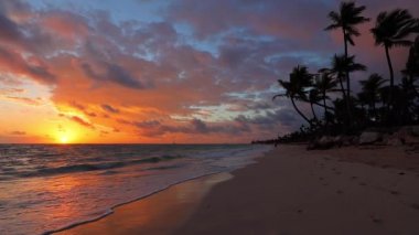 Tropik ada plajları ve palmiye ağaçları üzerinde gün doğumu. Punta Cana, Dominik Cumhuriyeti.