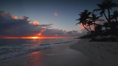 Karayip adasında deniz gündoğumu ve tropikal plaj. Punta Cana, Dominik Cumhuriyeti