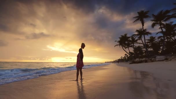 Cennet Adası Sahilinde Tropik Bir Tatil Mutlu Kadın Deniz Gündoğumunun — Stok video