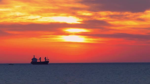 Zeilen Vrachtschip Het Zeewater Prachtige Zonsopgang — Stockvideo