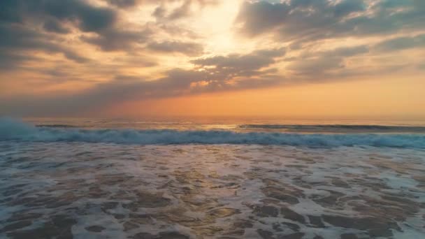Sea Sunrise Splashing Waves Sand Aerial View — Stock Video