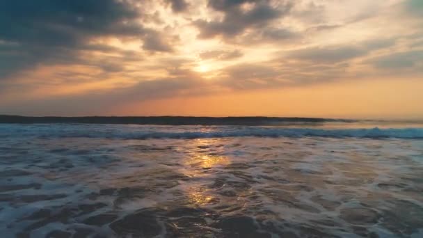 Sea Sunrise Splashing Waves Sand Aerial View — Stock Video